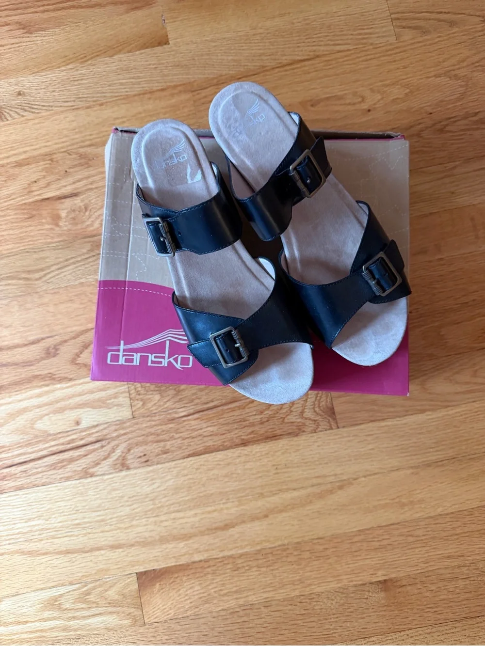 Dansko Black Double-Buckle Wedge Slide Sandals